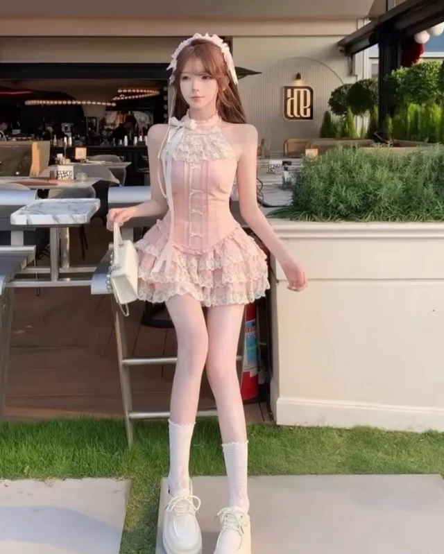 Pink Mini Dress เดรสสั้นลูกไม้สีชมพูพาสเทล Size S thumbnail 5