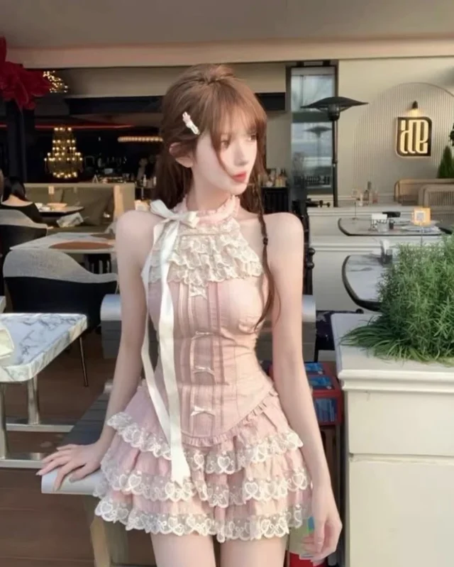 Pink Mini Dress เดรสสั้นลูกไม้สีชมพูพาสเทล Size S thumbnail 6