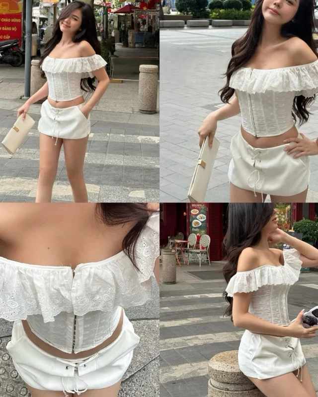 White Ruffled Off Shoulder Corset Top เสื้อคอร์เซ็ทสีขาว thumbnail 3