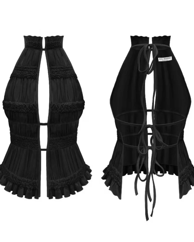 Black Ruffled Halter Top and Furry Shorts Set ชุดเซตสีดำ thumbnail 4