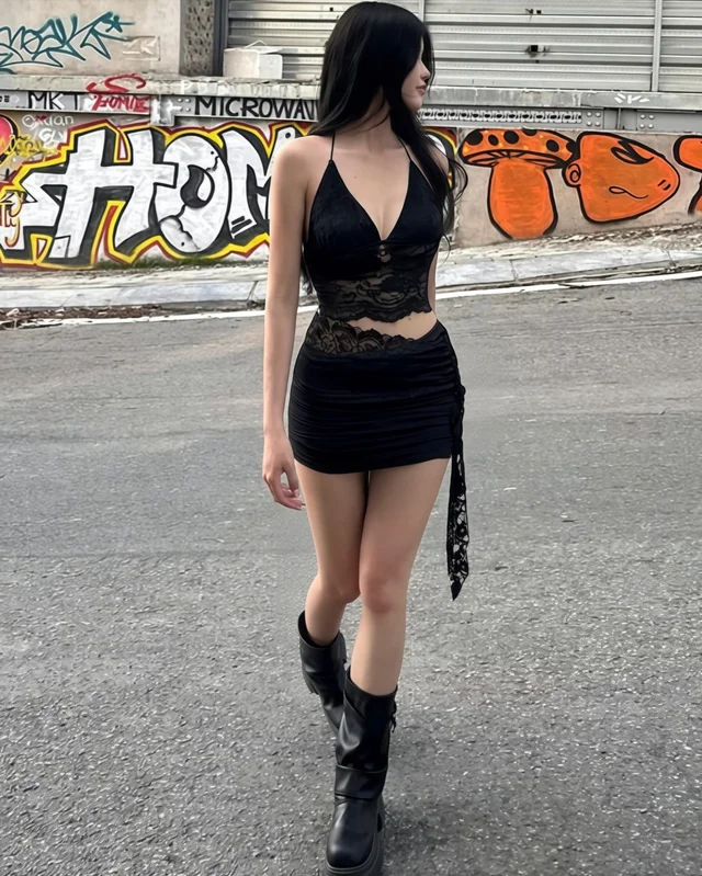 Black Lace Halter Top and Mini Skirt Set ชุดเซตสีดำ (alternate)