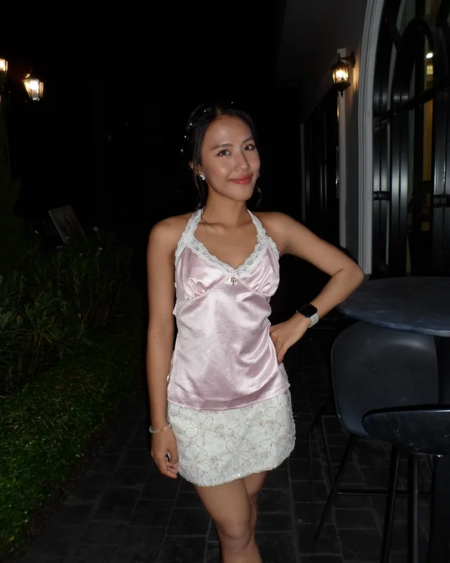 Pink Satin Lace Halter Top and White Skirt Set ชุดเซตสีชมพู thumbnail 4