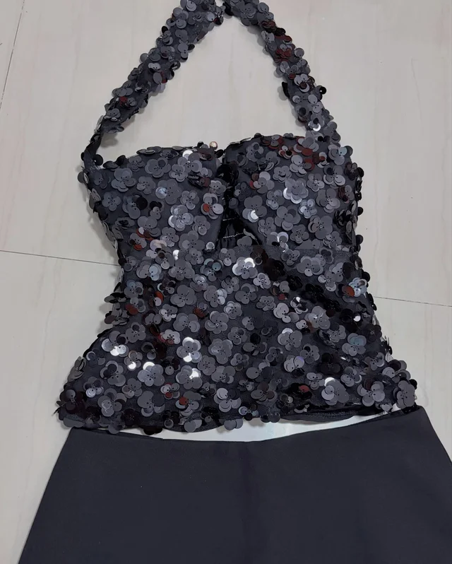 Black Sequin Halter Top Mini Skirt Set Size S thumbnail 4